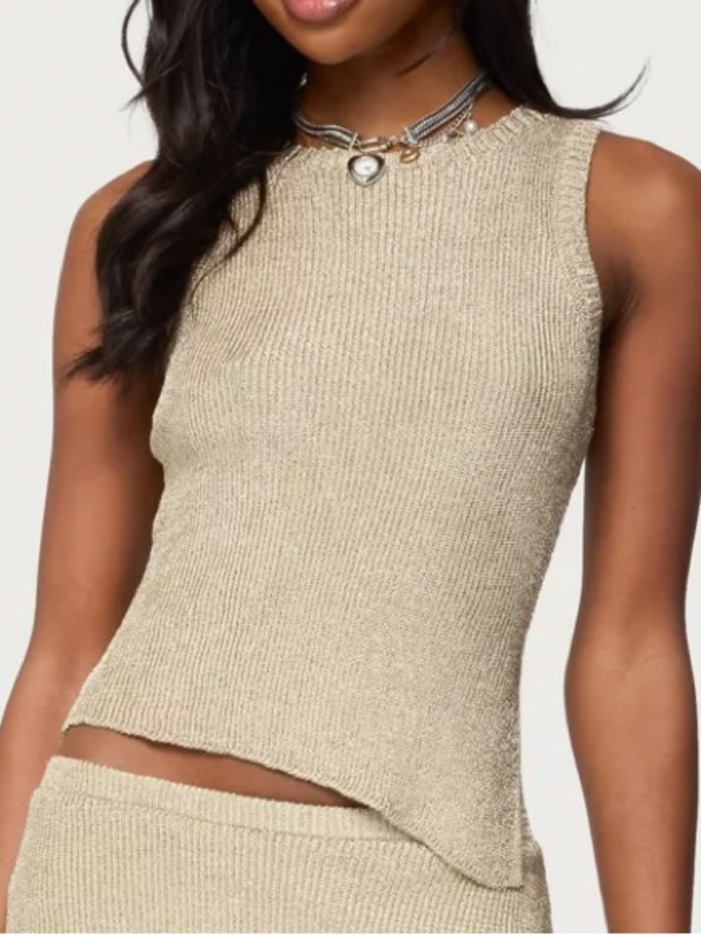 Edikted Goldy Asymmetric Metallic Knit Top